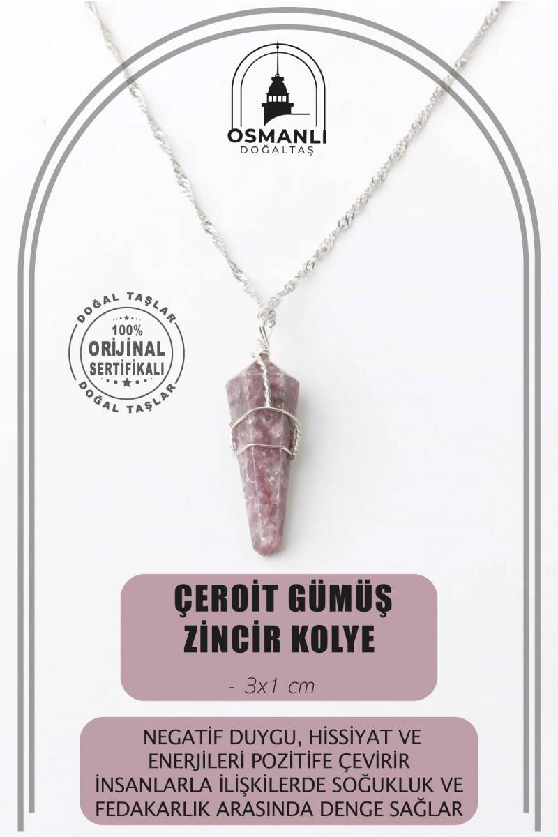 Çeroit Doğal Taş Kolye Ucu 3x1 cm, Gümüş Zincir - 2