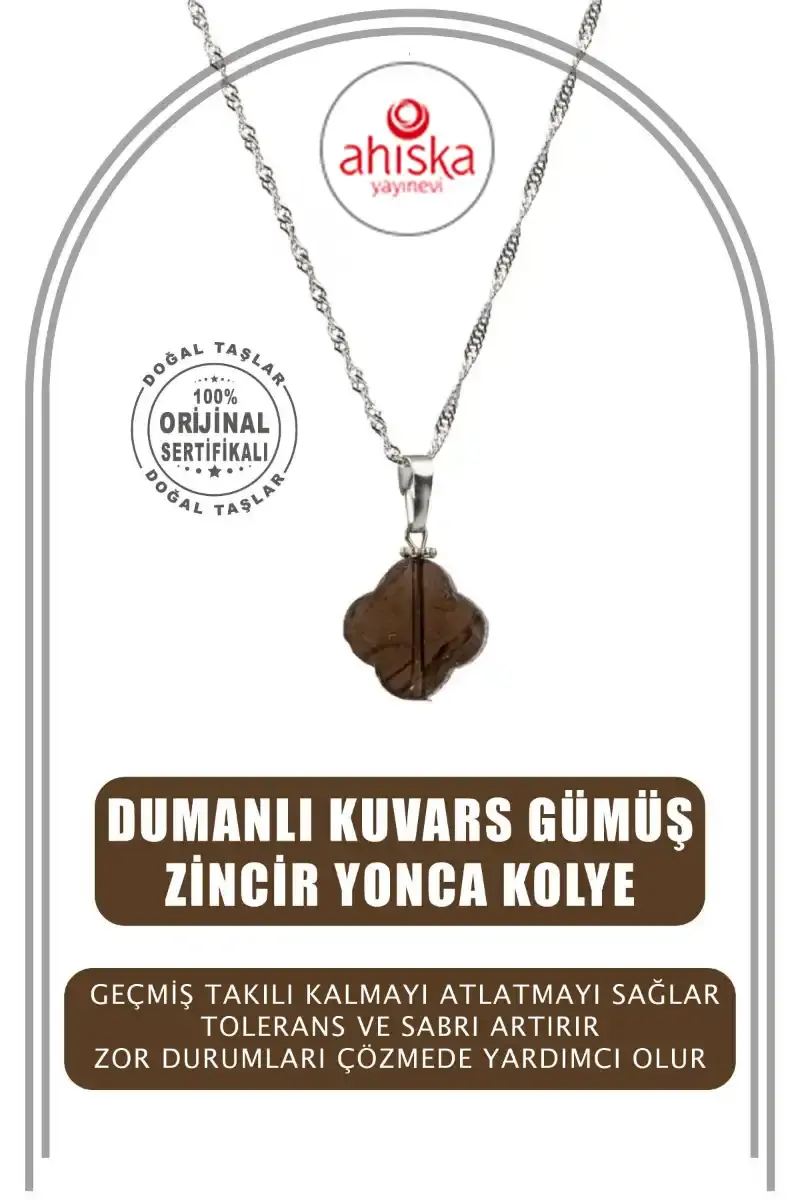 Dumanlı Kuvars Doğal Taş Gümüş Zincir Yonca Kolye