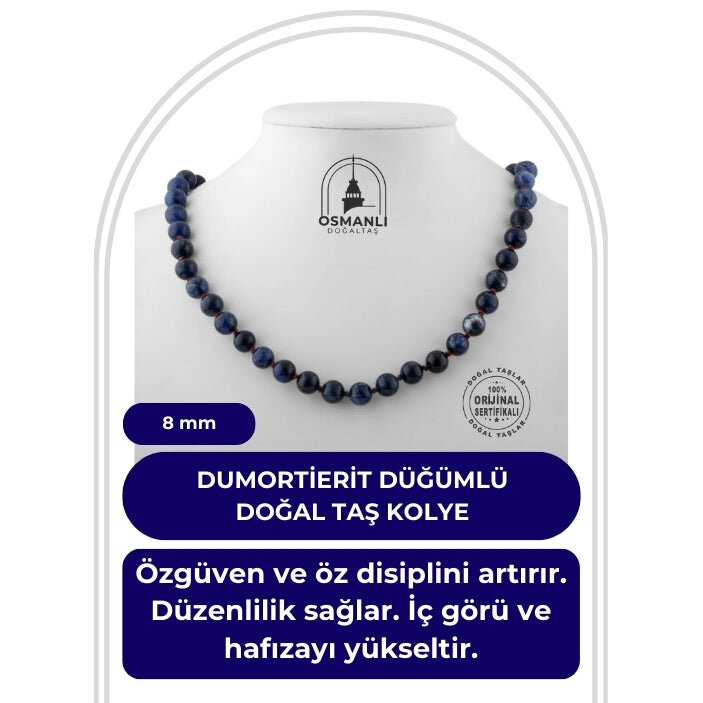 Dumortierit 8 mm Düğümlü Doğal Taş Kolye - 2