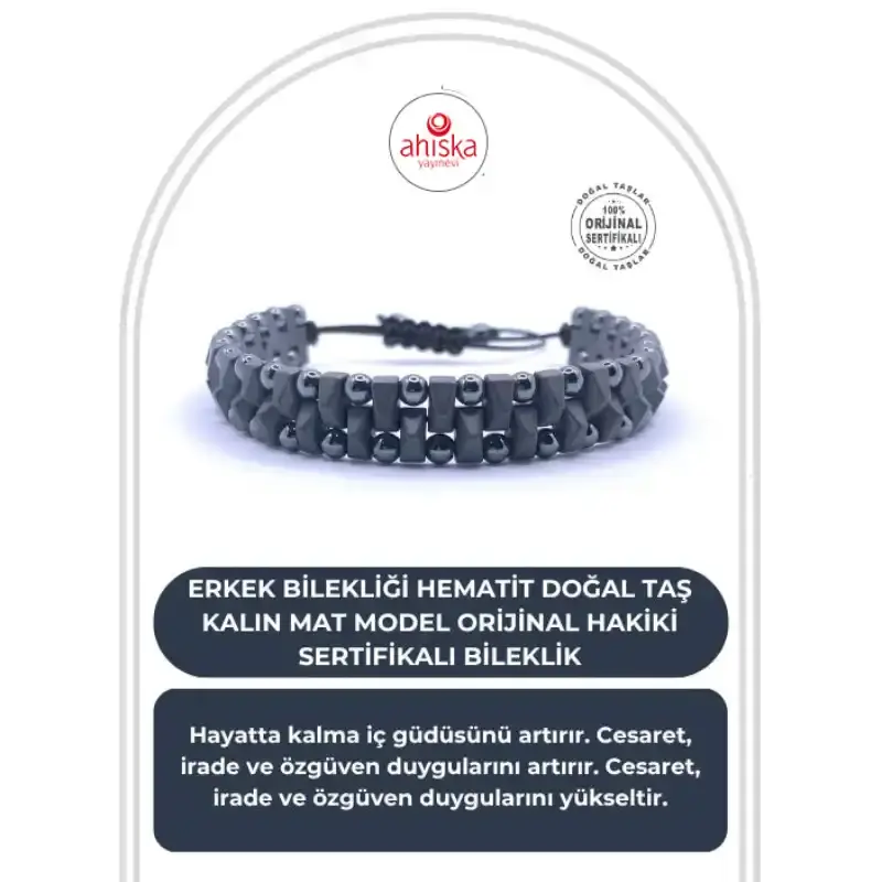 Erkek Bilekliği Hematit Doğal Taş Kalın Mat Model Orijinal Hakiki Sertifikalı Bileklik