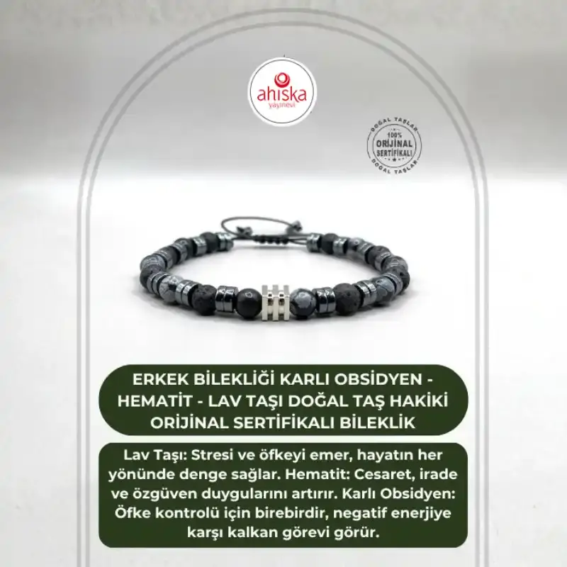 Erkek Bilekliği Karlı Obsidyen - Hematit - Lav Taşı Doğal Taş Hakiki Orijinal Sertifikalı Bileklik