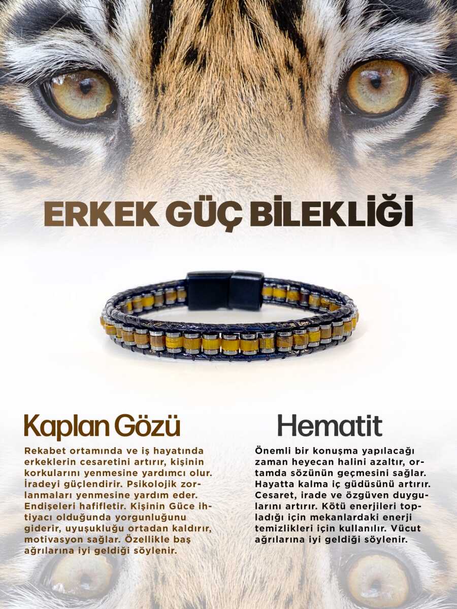 Erkek Güç Bilekliği Doğal Taş Kaplan Gözü - Hematit Hakiki orijinal Sertifikalı Bileklik
