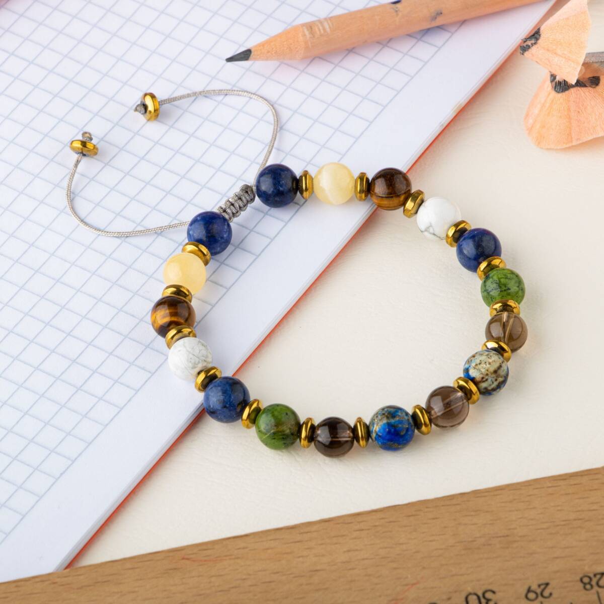 Erkek Öğrenci Doğal Taş Bileklik-Sodalit-Kalsit-Kaplan Gözü-Havlit-Yeşim-Dumanlı Kuvars-Lapis Lazuli-Hematit - 1