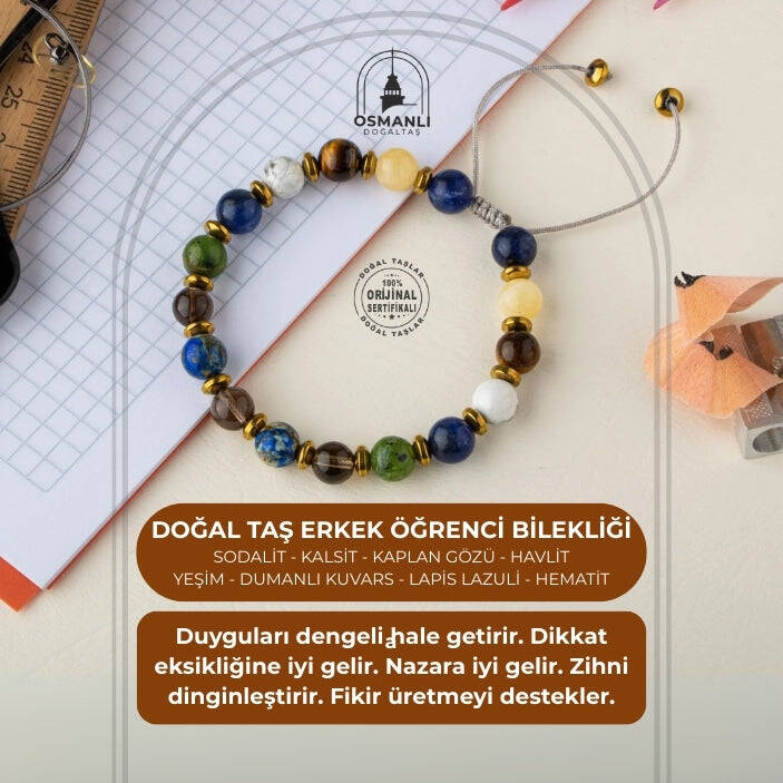 Erkek Öğrenci Doğal Taş Bileklik-Sodalit-Kalsit-Kaplan Gözü-Havlit-Yeşim-Dumanlı Kuvars-Lapis Lazuli-Hematit - 2