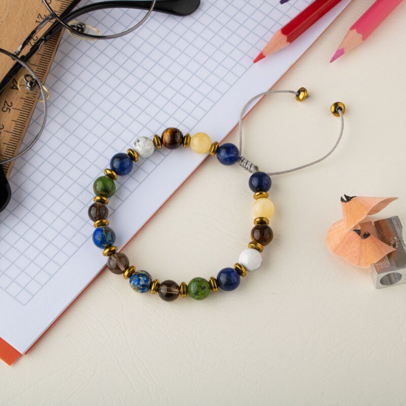 Erkek Öğrenci Doğal Taş Bileklik-Sodalit-Kalsit-Kaplan Gözü-Havlit-Yeşim-Dumanlı Kuvars-Lapis Lazuli-Hematit - 3