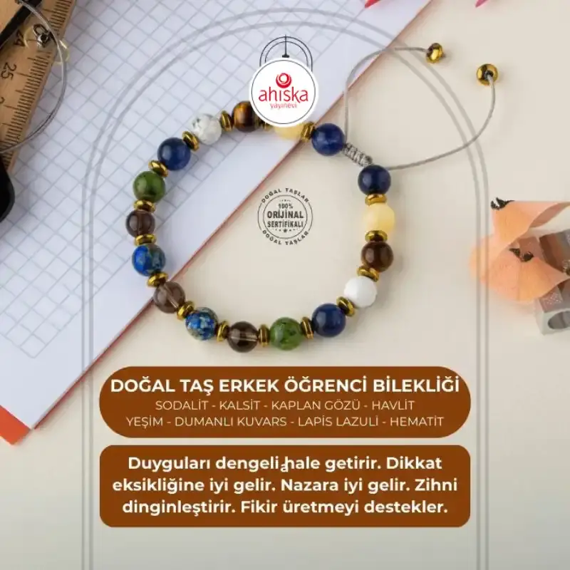 Erkek Öğrenci Doğal Taş Bileklik-Sodalit-Kalsit-Kaplan Gözü-Havlit-Yeşim-Dumanlı Kuvars-Lapis Lazuli-Hematit