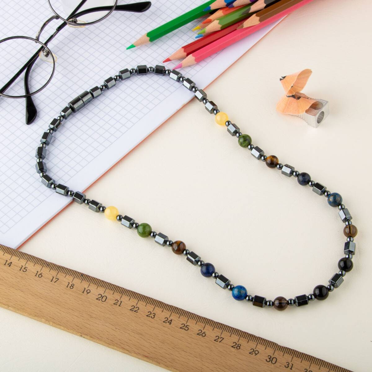 Erkek Öğrenci Hematit Doğal Taş Kolye - 4