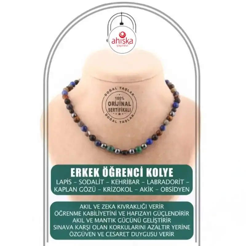 Erkek Öğrenci Kolye- Lapis, Sodalit, Kehribar, Labradorit, Kaplan Gözü, Krizokol, Akik, Obsidyen