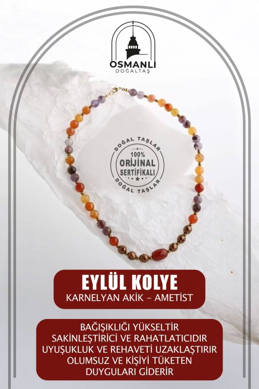 Eylül, Karnelyan Akik Ametist Doğal Taş Kolye - Doğal Taş