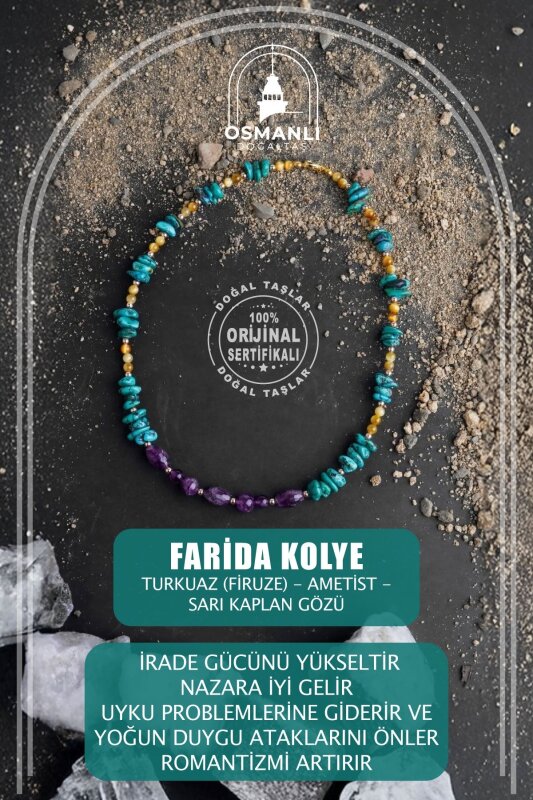 Farida, Firuze Ametist Sarı Kaplangözü Kolye - Doğal Taş