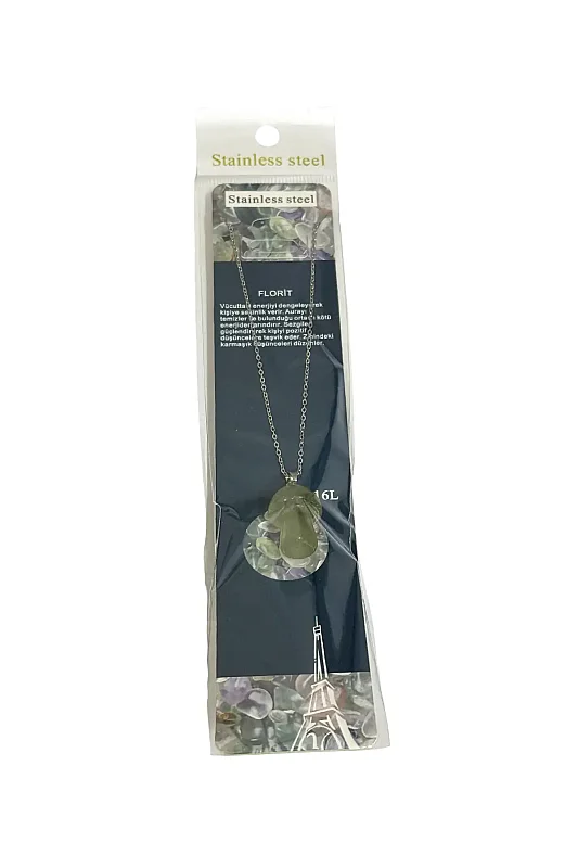 Florit Mantar Figür Taşlı Çelik Zincir Doğal Taş Kolye - Doğal Taş