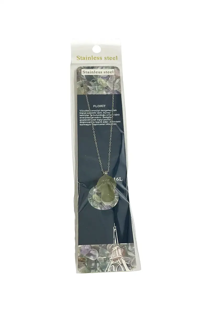 Florit Mantar Figür Taşlı Çelik Zincir Doğal Taş Kolye - 1