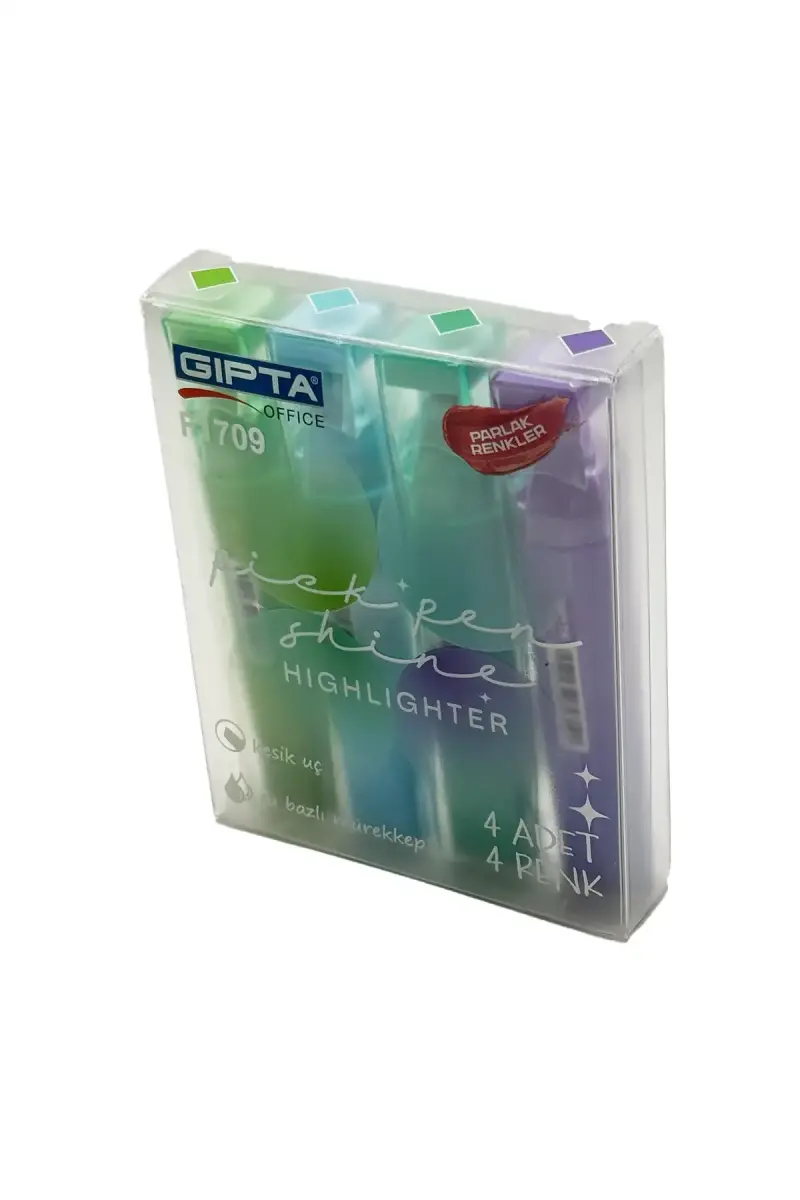 Gıpta Pick Pen Shine Fosforlu Markör 4 Lü Kalem Seti Mor Yeşil Mavi Deniz Mavi - 1