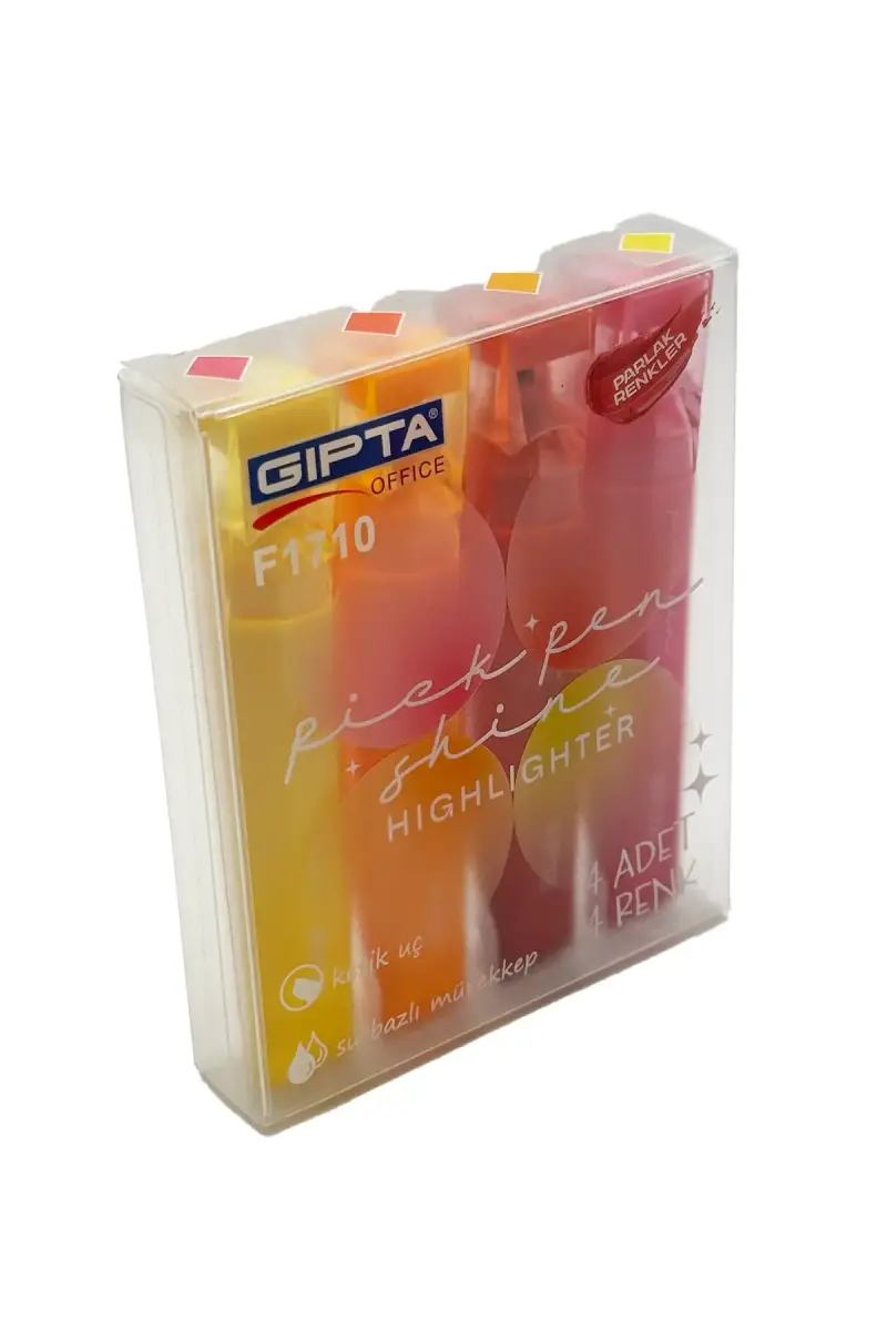 Gıpta Pick Pen Shine Fosforlu Markör 4 Lü Kalem Seti Sarı Pembe Turuncu Kırmızı - 1