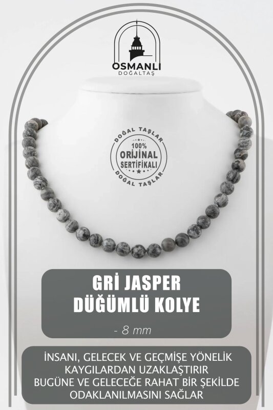 Gri Jasper 8 mm Düğümlü Doğal Taş Kolye - Doğal Taş