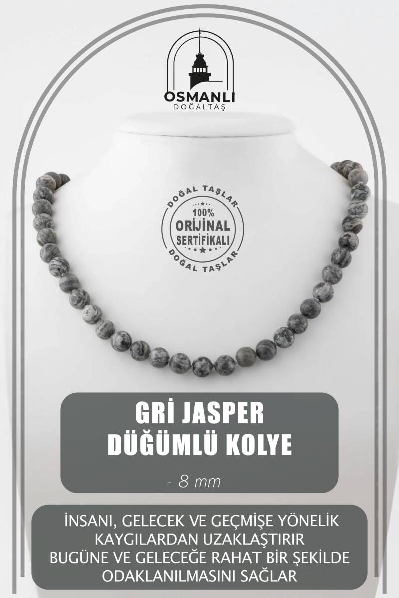 Gri Jasper 8 mm Düğümlü Doğal Taş Kolye - 1