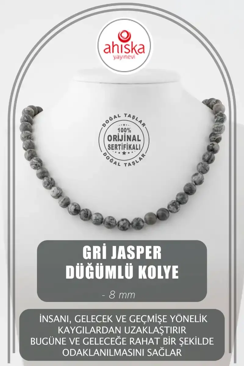 Gri Jasper 8 mm Düğümlü Doğal Taş Kolye