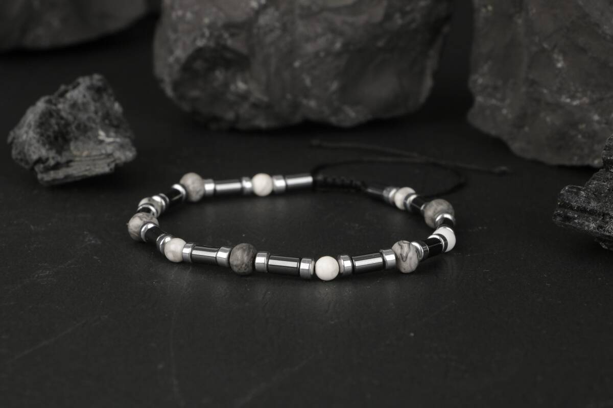 Gri Jasper-Hematit-Havlit Doğal Taş Bileklik - 4
