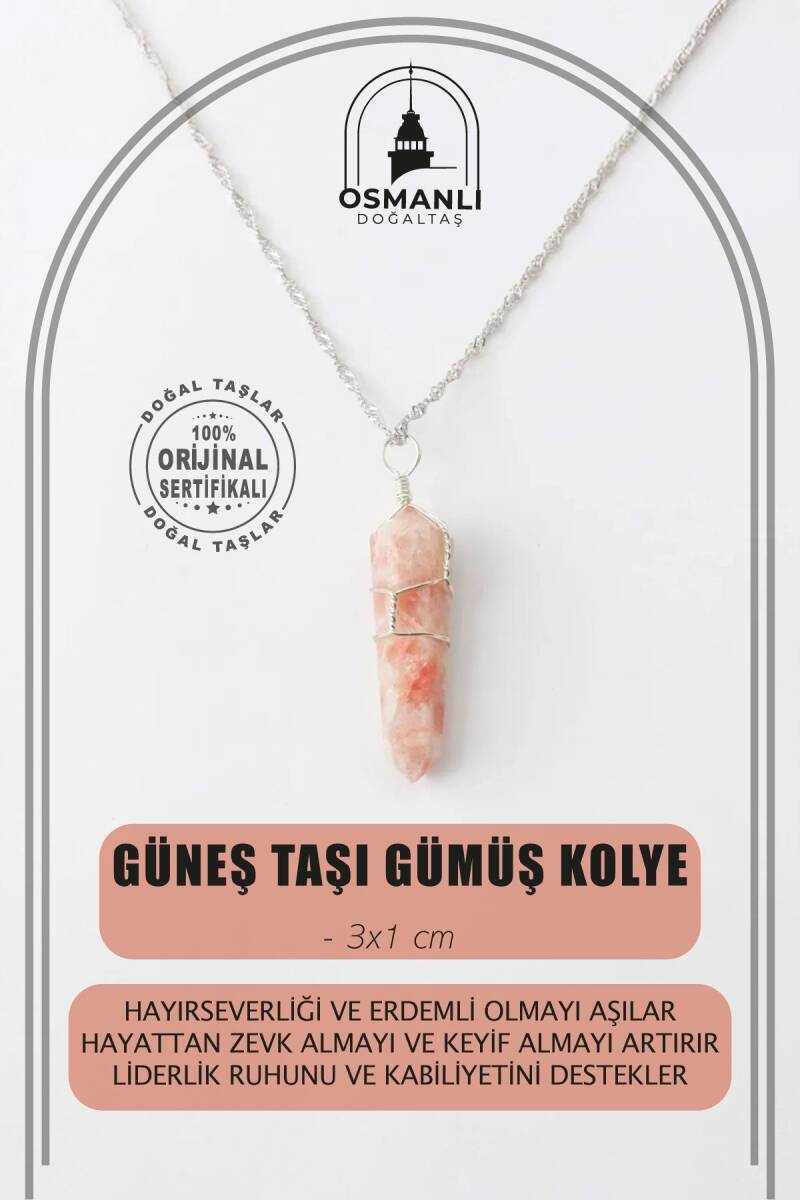 Güneş Taşı Doğal Taş Kolye Ucu 3x1 cm, Gümüş Zincir - 2