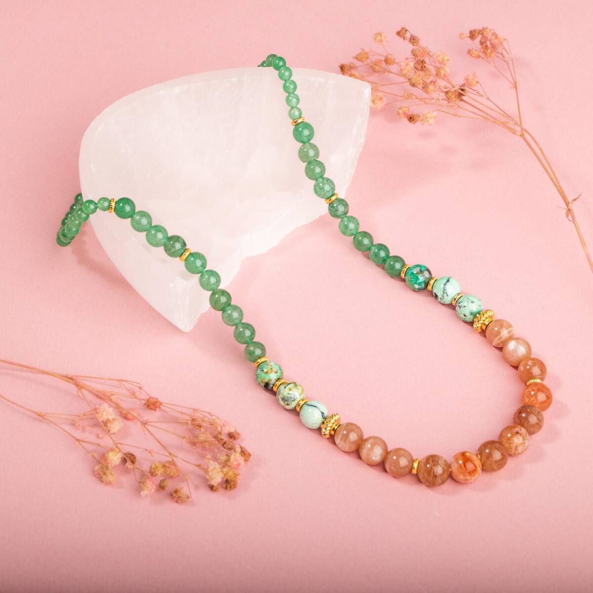 Güneş Taşı-Yeşil Aventurin Doğal Taş Altın Kaplama Kolye - 2