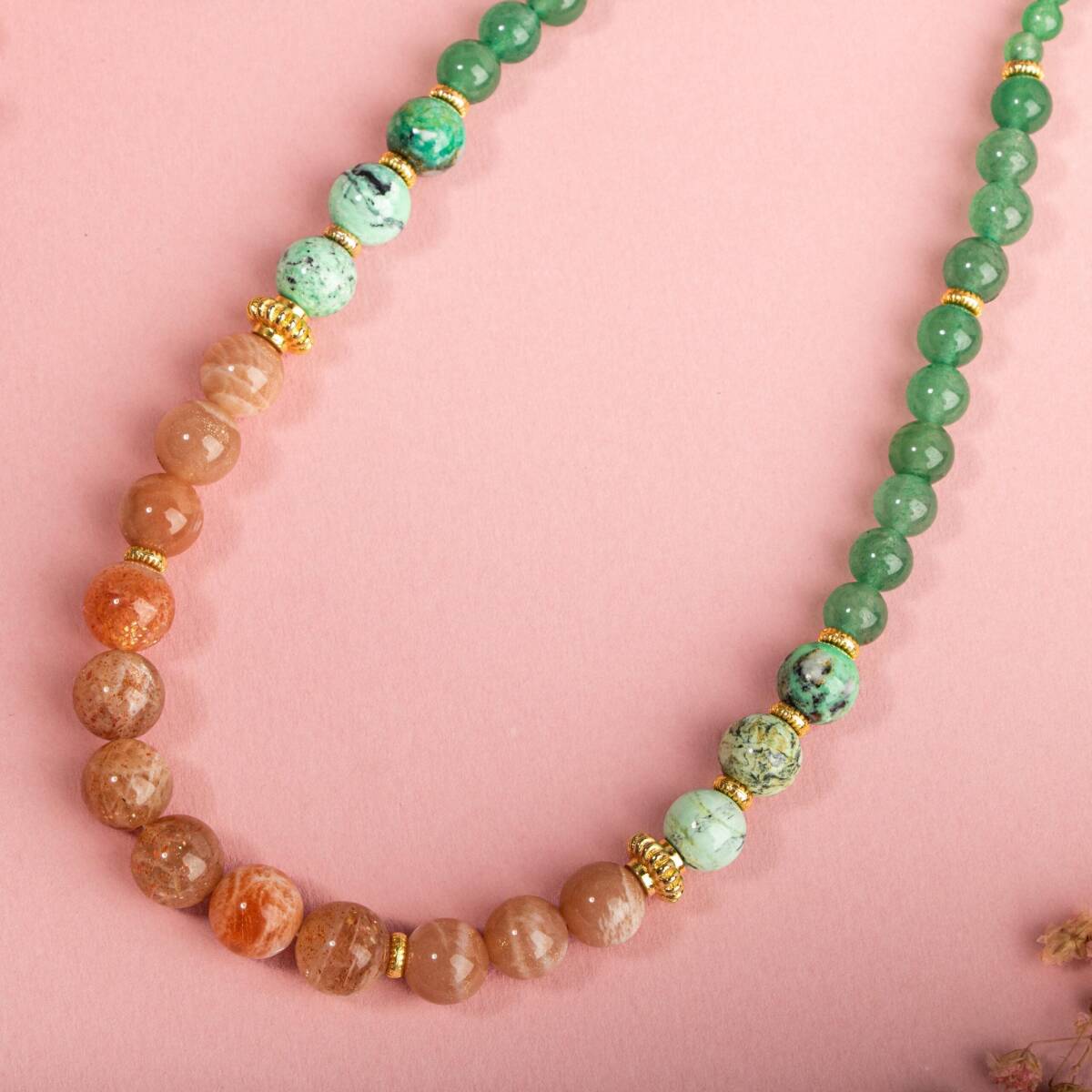 Güneş Taşı-Yeşil Aventurin Doğal Taş Altın Kaplama Kolye - 3