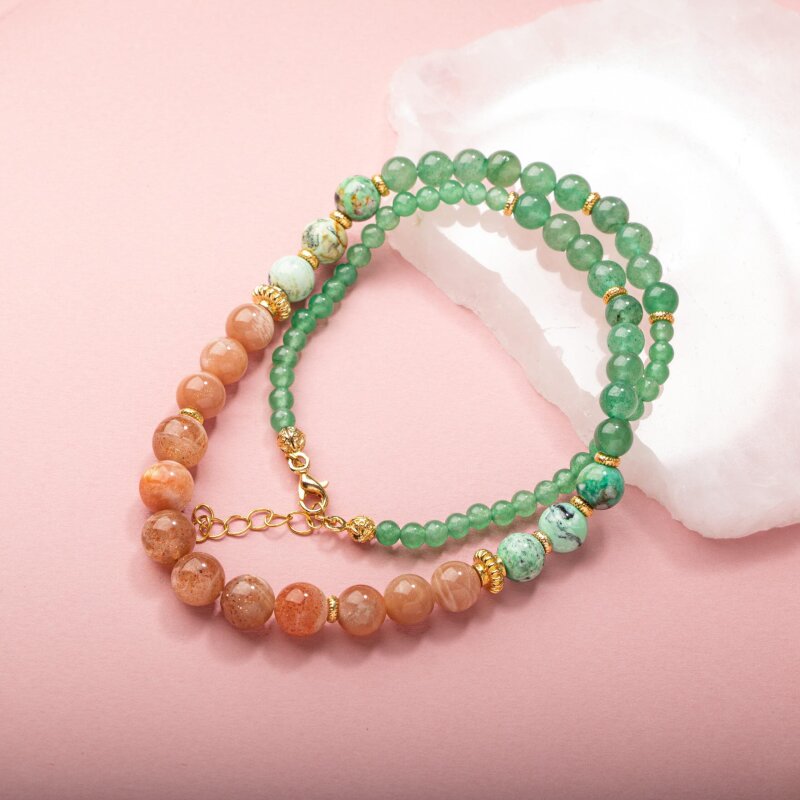 Güneş Taşı-Yeşil Aventurin Doğal Taş Altın Kaplama Kolye - 5