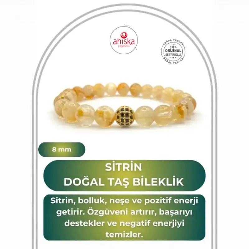 Hakiki Doğal Sertifikalı Sitrin Doğal Taş Bileklik Zirkon Aparatlı 8mm