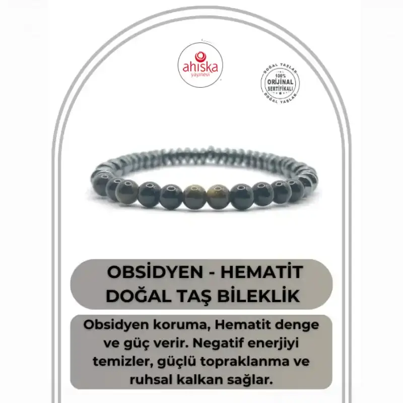 Hakiki Orijinal Sertifikalı 6mm Obsidyen - Hematit Doğal Taş Misinalı Bileklik