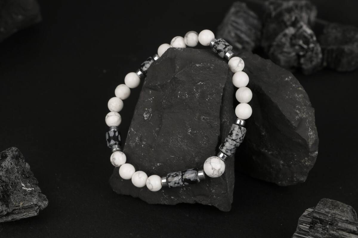 Havlit-Karlı Obsidyen-Hematit Doğal Taş Bileklik - 5