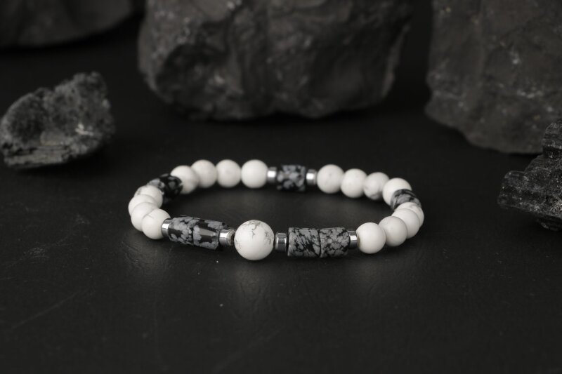 Havlit-Karlı Obsidyen-Hematit Doğal Taş Bileklik - 6