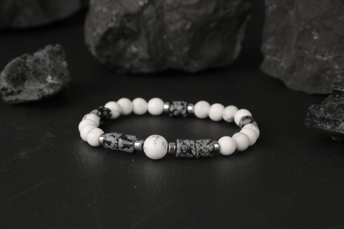 Havlit-Karlı Obsidyen-Hematit Doğal Taş Bileklik - 6