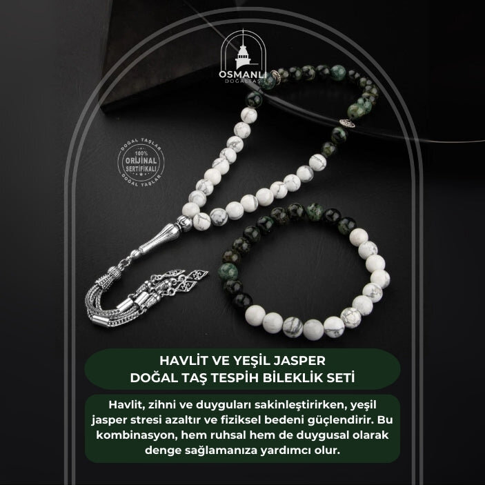 Havlit-Yeşil Jasper Doğal Taş Tesbih Bileklik Seti - 2