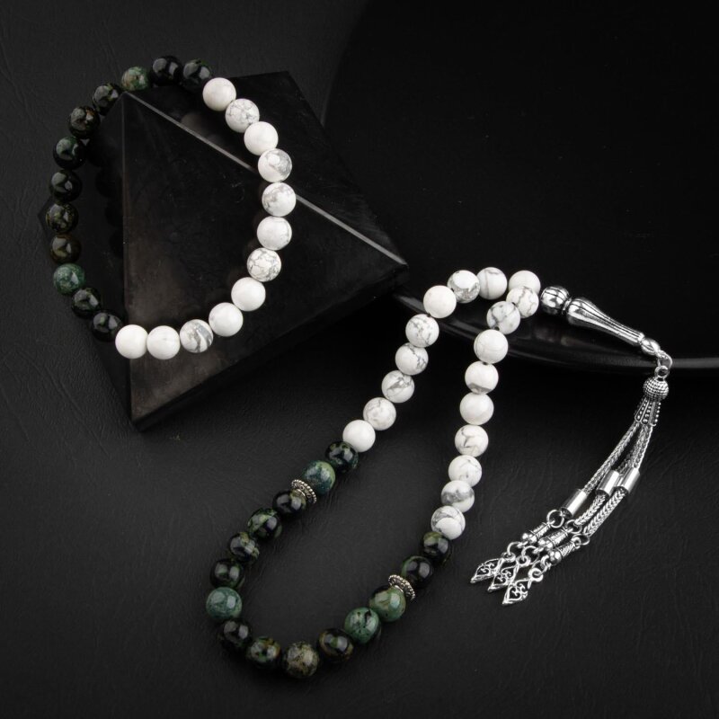 Havlit-Yeşil Jasper Doğal Taş Tesbih Bileklik Seti - 5