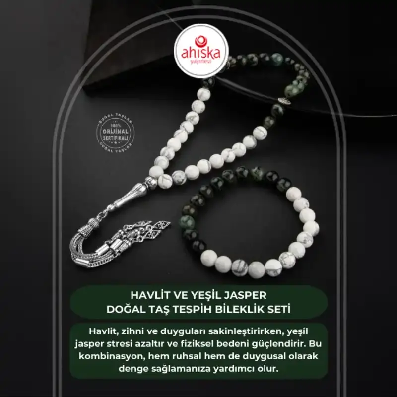 Havlit-Yeşil Jasper Doğal Taş Tesbih Bileklik Seti - 2