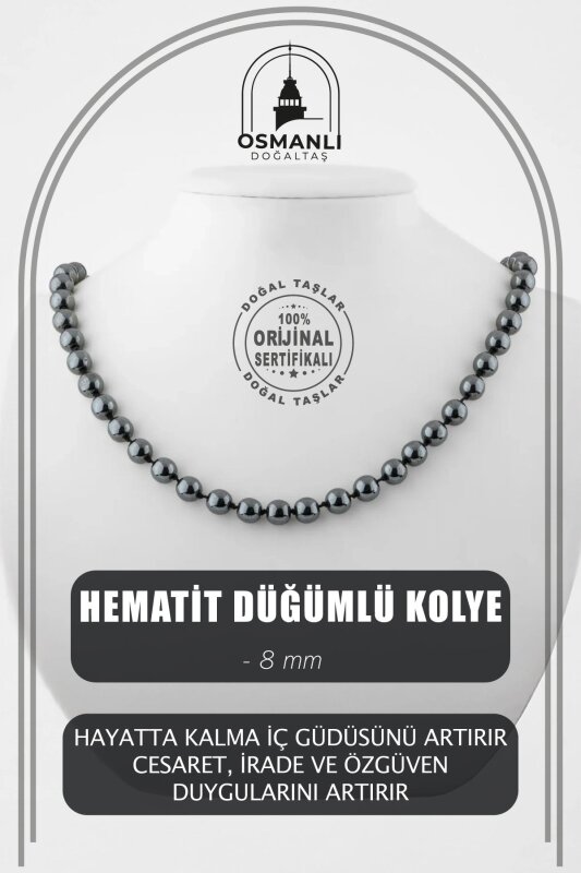 Hematit 8 mm Düğümlü Doğal Taş Kolye - Doğal Taş