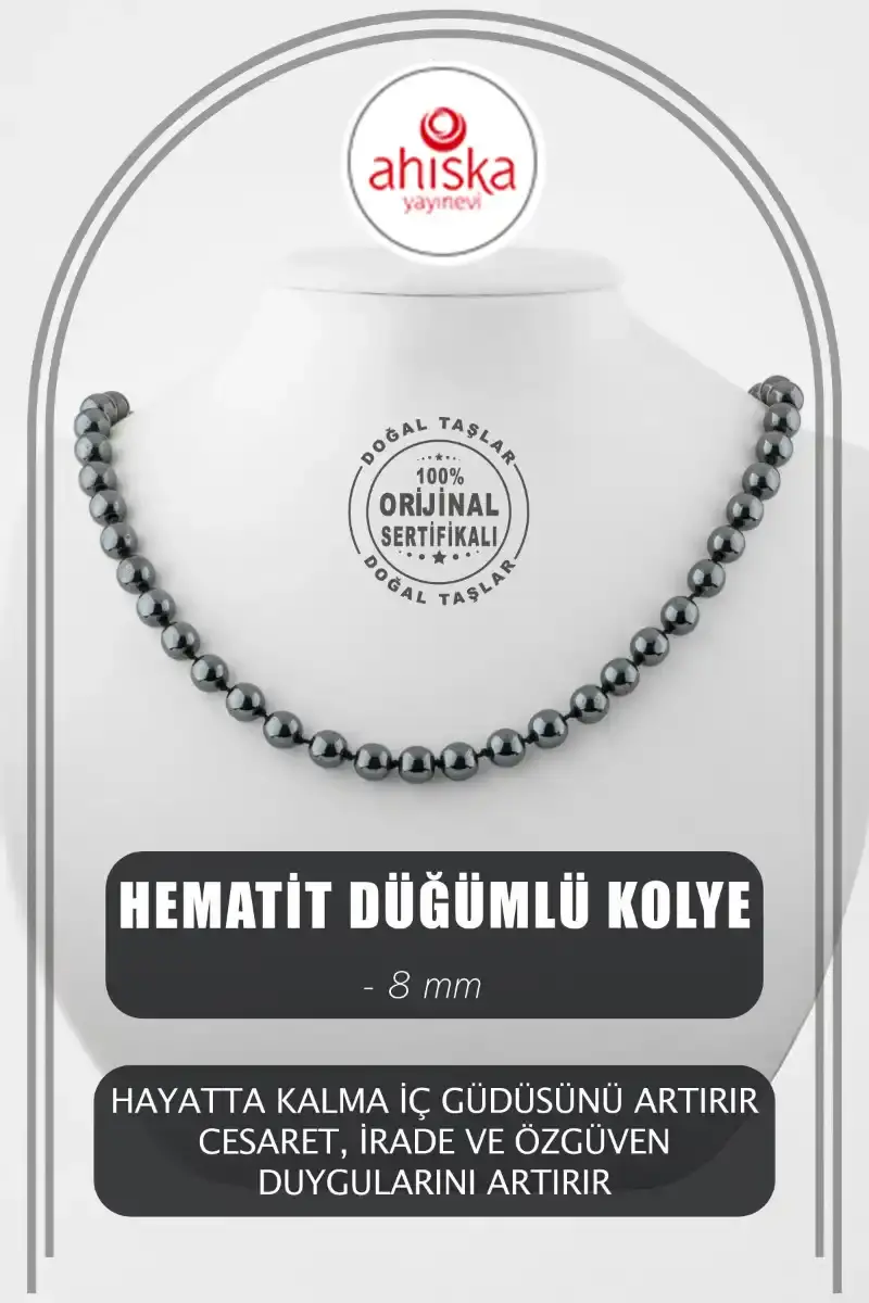 Hematit 8 mm Düğümlü Doğal Taş Kolye