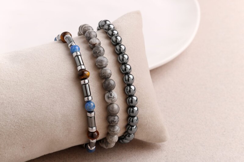 Hematit-Gri Jasper-Kaplan Gözü Erkek Doğal Taş Bileklik Seti - Doğal Taş