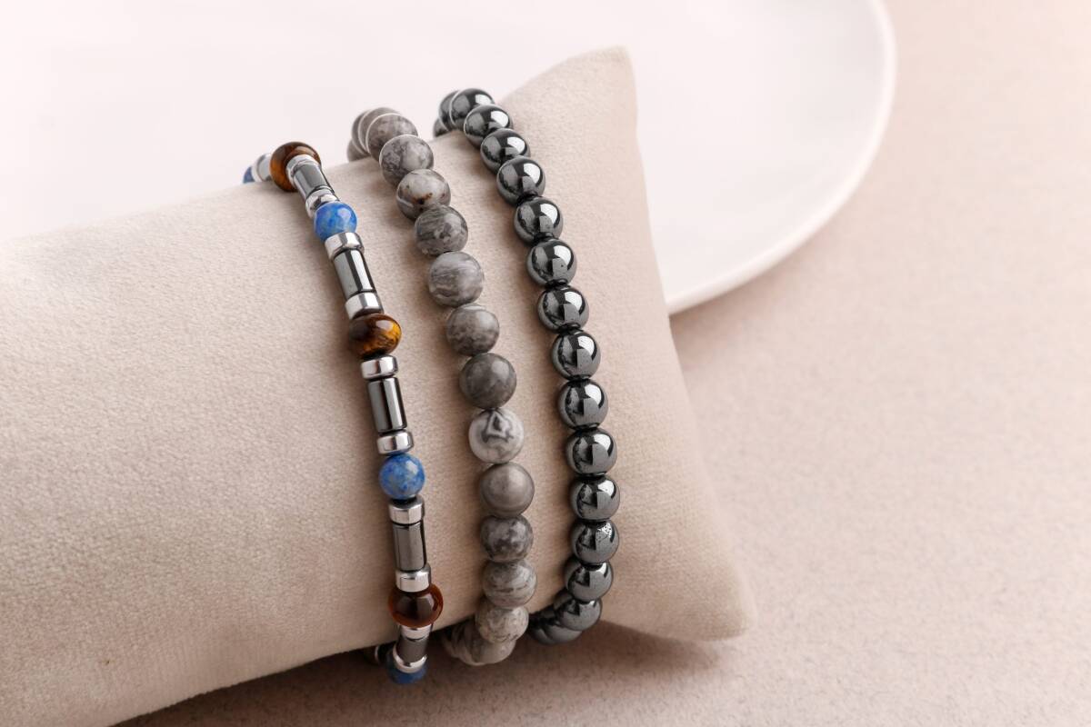 Hematit-Gri Jasper-Kaplan Gözü Erkek Doğal Taş Bileklik Seti - 1