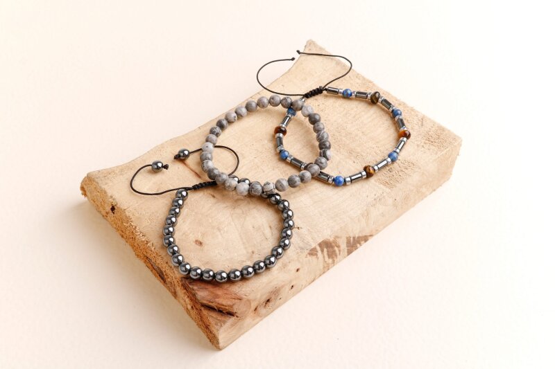 Hematit-Gri Jasper-Kaplan Gözü Erkek Doğal Taş Bileklik Seti - 2