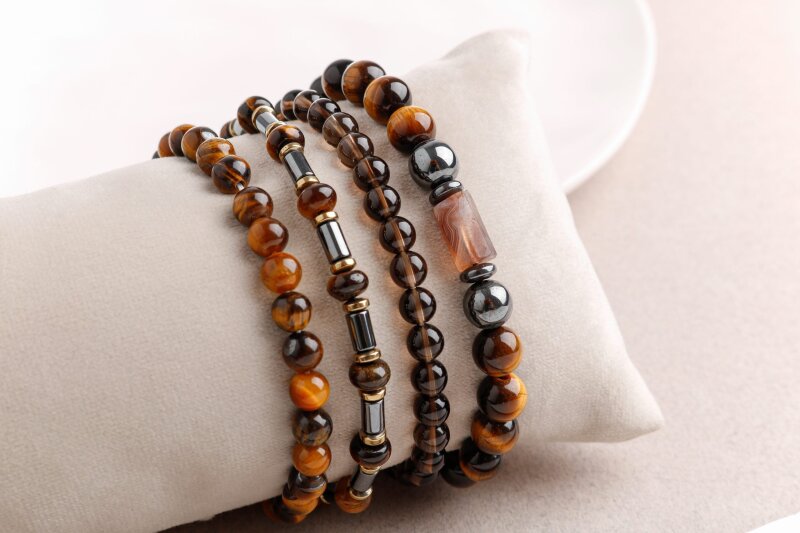 Hematit-Kaplan Gözü-Dumanlı Kuvars Erkek Doğal Taş Bileklik Seti - Doğal Taş