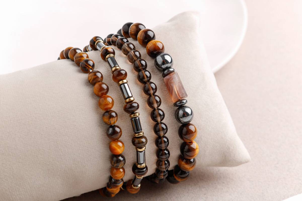 Hematit-Kaplan Gözü-Dumanlı Kuvars Erkek Doğal Taş Bileklik Seti - 1