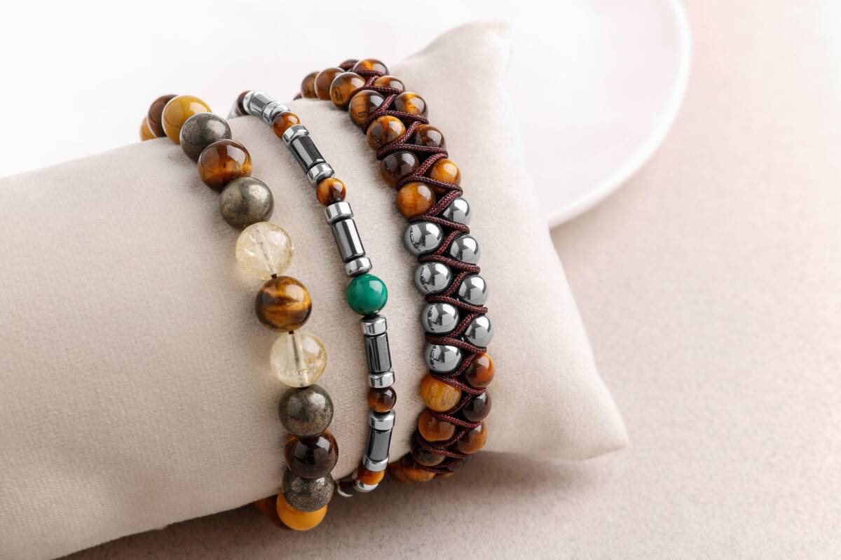 Hematit-Kaplan Gözü-Malakit-Pirit Erkek Doğal Taş Bileklik Seti - 1