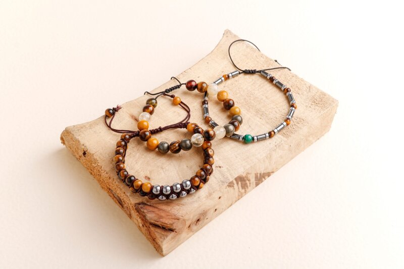 Hematit-Kaplan Gözü-Malakit-Pirit Erkek Doğal Taş Bileklik Seti - 2