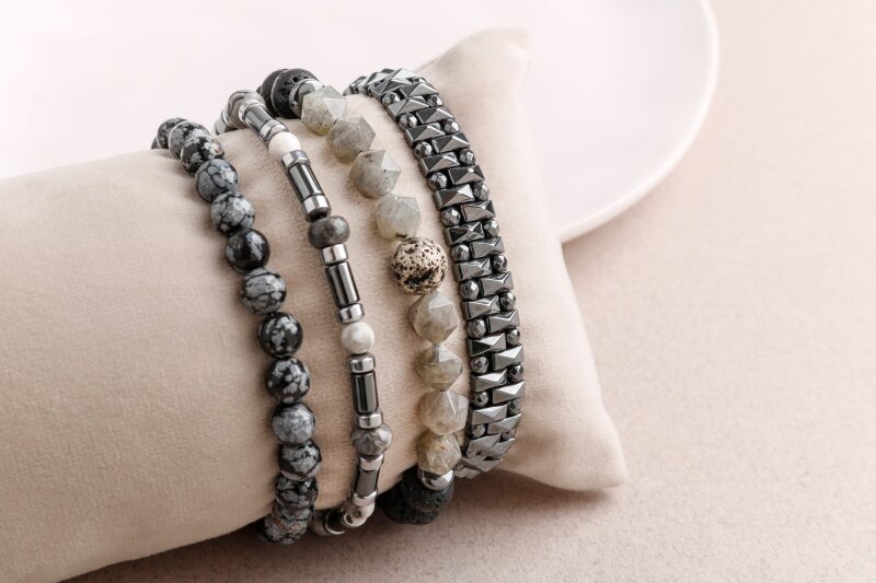 Hematit-Lav-Obsidyen-Labradorit Erkek Doğal Taş Bileklik Seti - 3