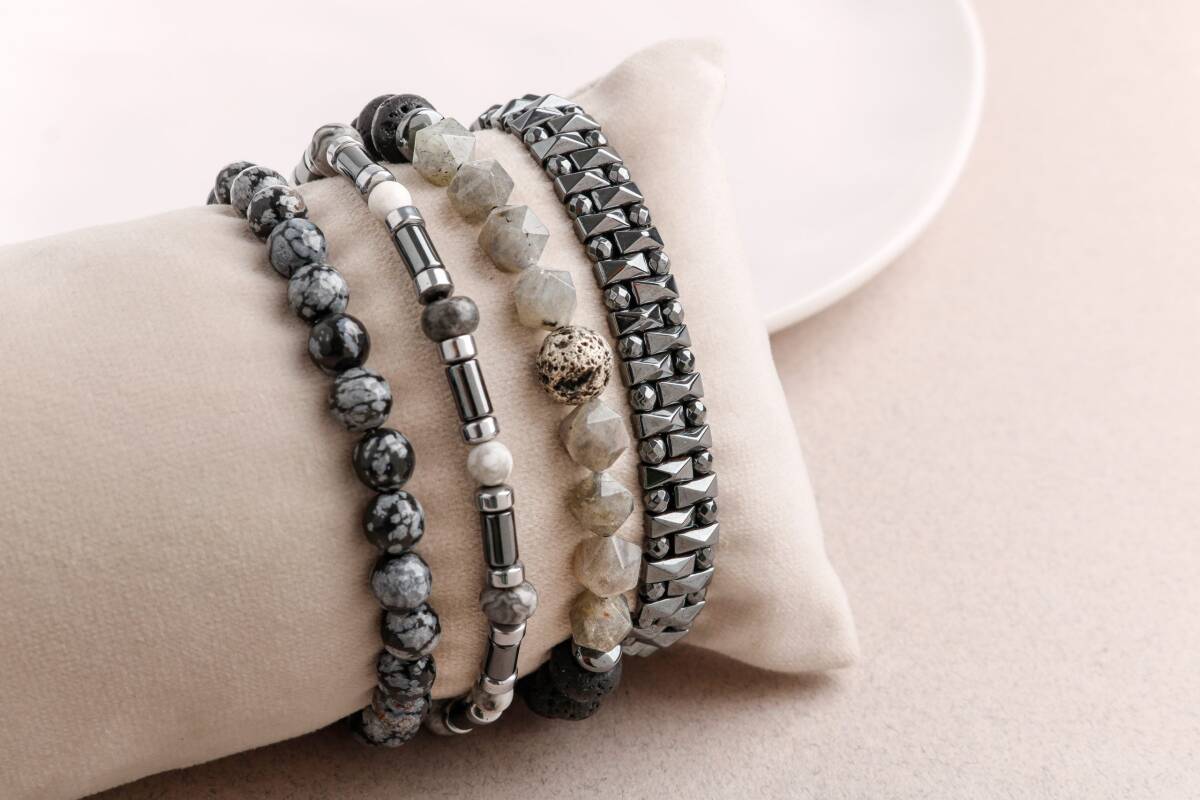 Hematit-Lav-Obsidyen-Labradorit Erkek Doğal Taş Bileklik Seti - 3