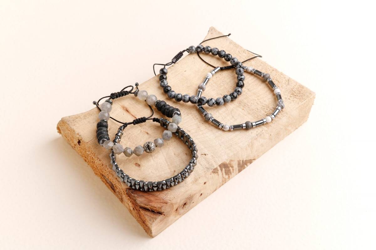 Hematit-Lav-Obsidyen-Labradorit Erkek Doğal Taş Bileklik Seti - 4