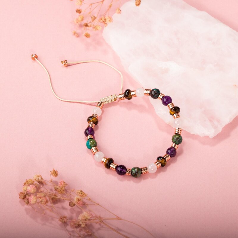 Hematit-Pembe Kuvars-Krizokol-Ametist-Kaplan Gözü Doğal Taş Bileklik - Doğal Taş