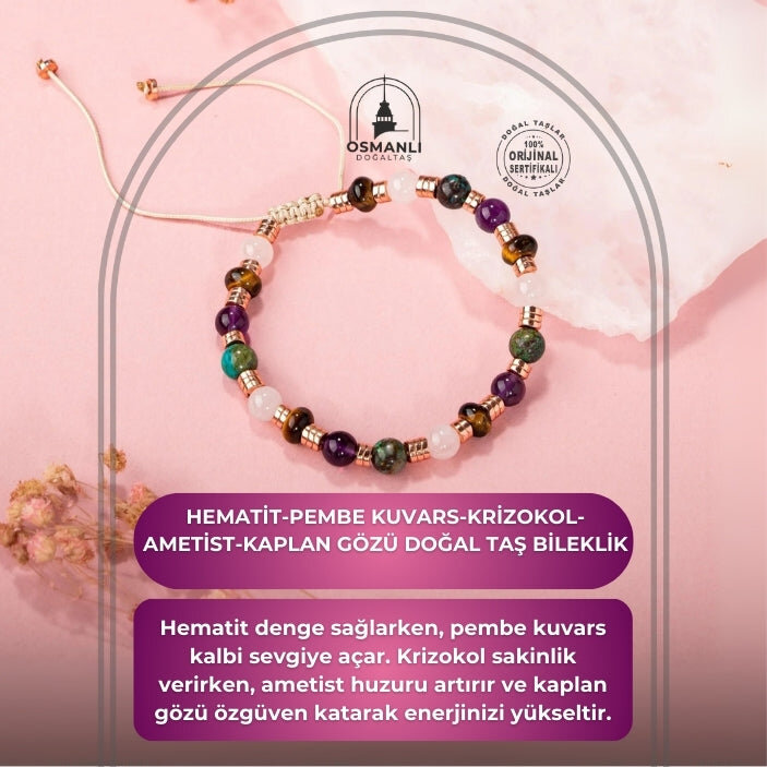 Hematit-Pembe Kuvars-Krizokol-Ametist-Kaplan Gözü Doğal Taş Bileklik - 2
