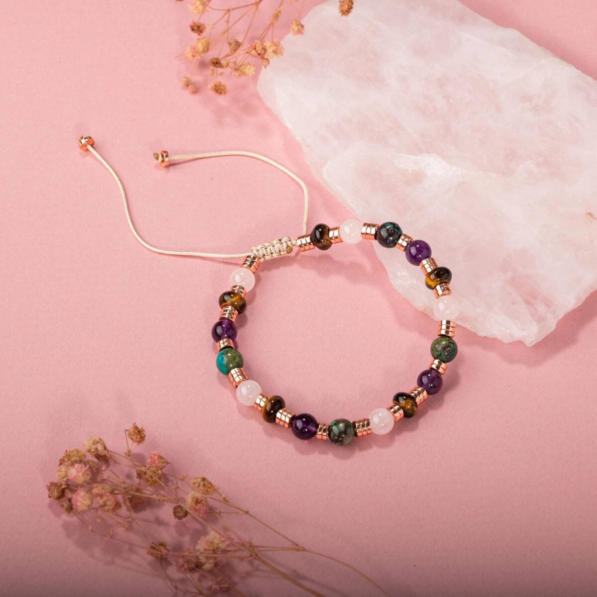 Hematit-Pembe Kuvars-Krizokol-Ametist-Kaplan Gözü Doğal Taş Bileklik - 5