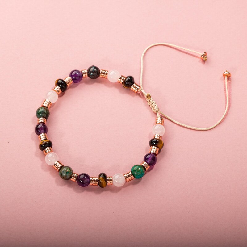 Hematit-Pembe Kuvars-Krizokol-Ametist-Kaplan Gözü Doğal Taş Bileklik - 6